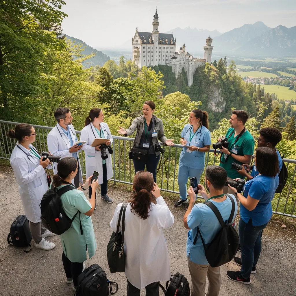 Das Schloss Neuschwanstein spiegelt sich im ruhigen Wasser eines nahegelegenen Sees.